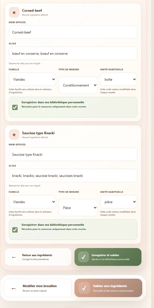 Ingrédients personnels de Mon Carnet Gourmand