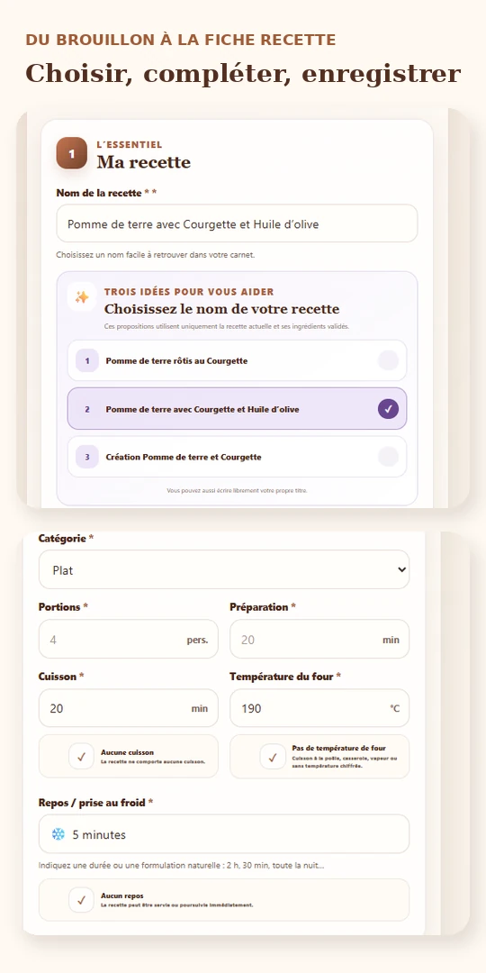 Choix du titre et paramètres de la recette