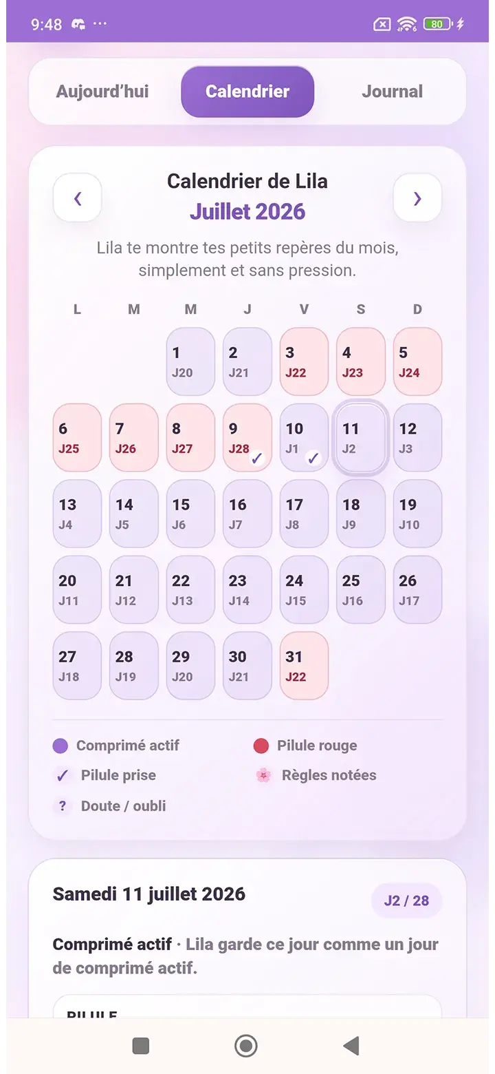 Calendrier mensuel de l’application Lila