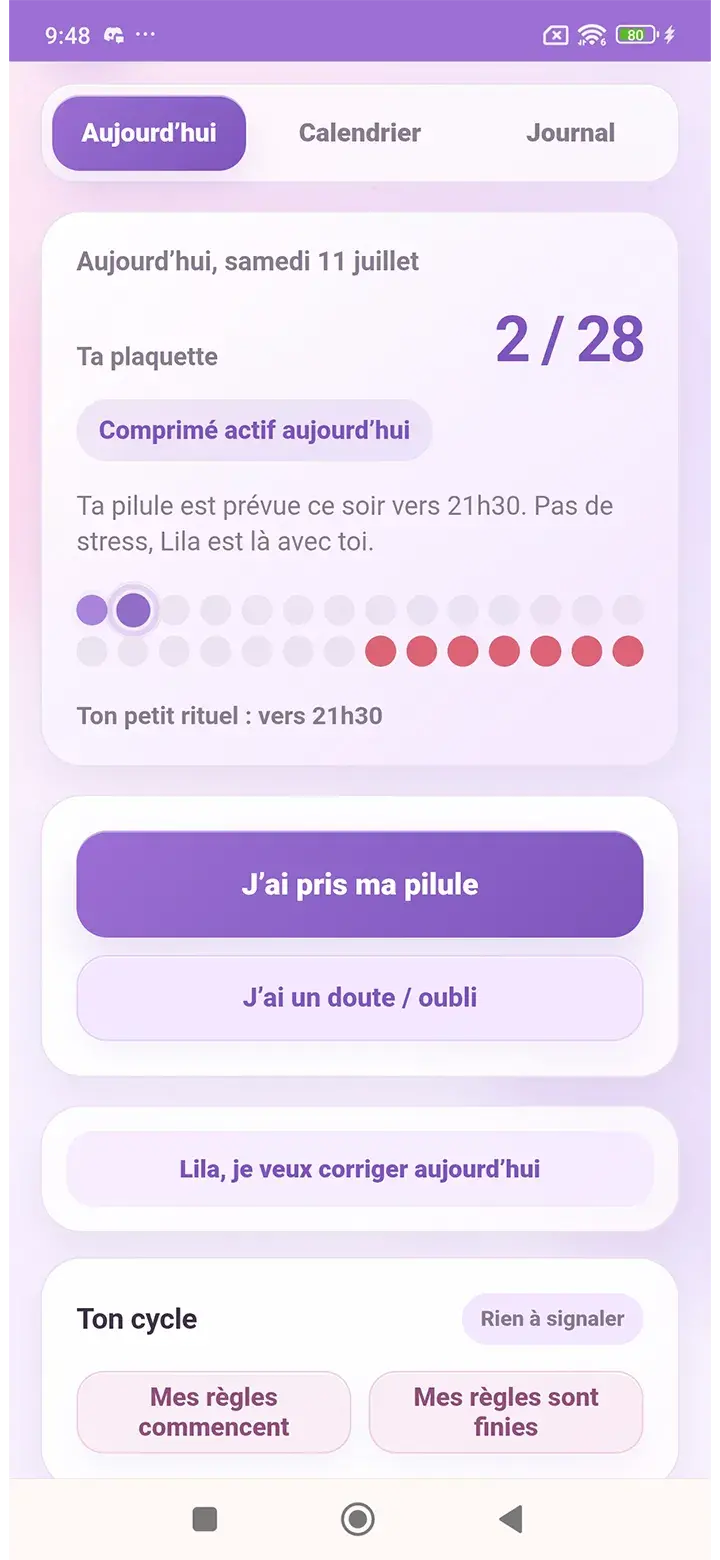 Écran Aujourd’hui de l’application Lila
