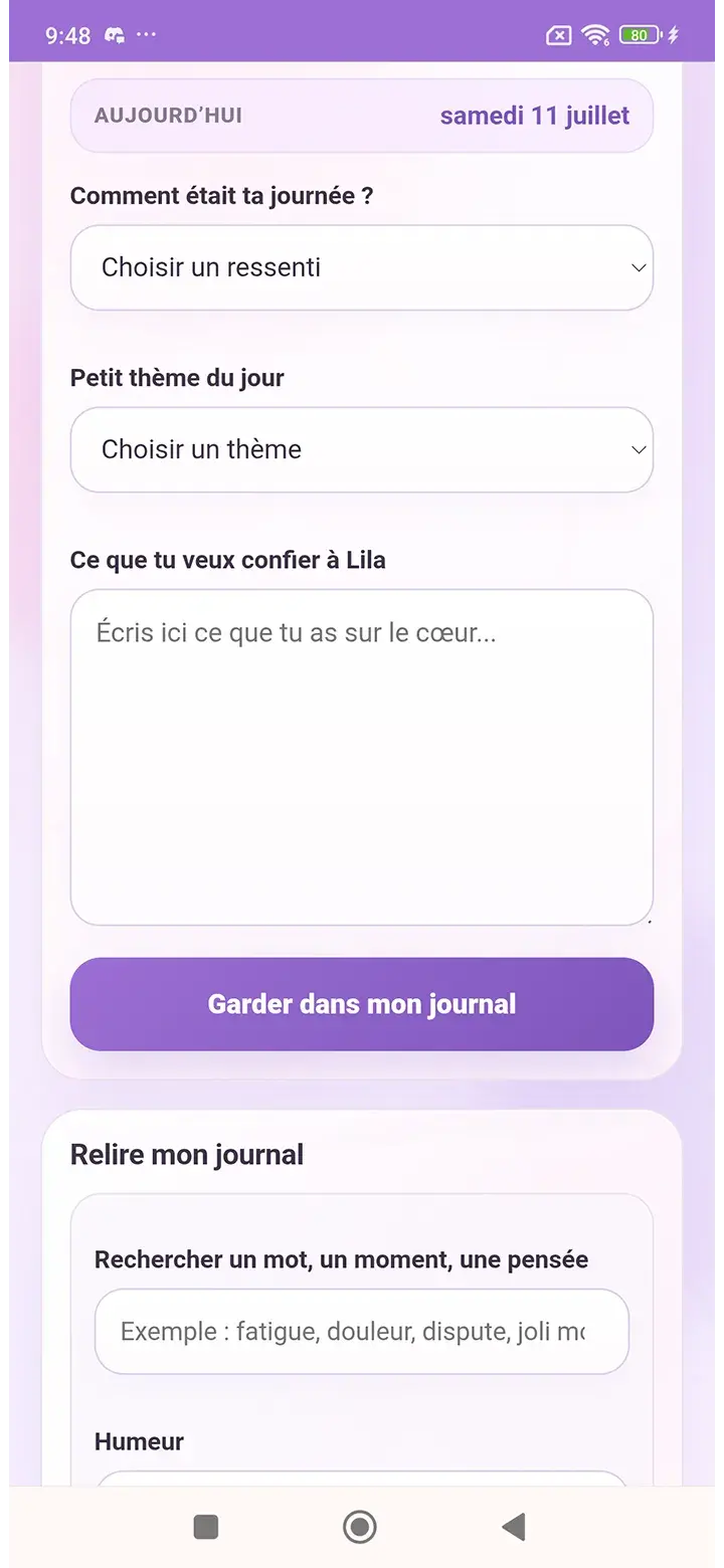 Journal intime privé de l’application Lila