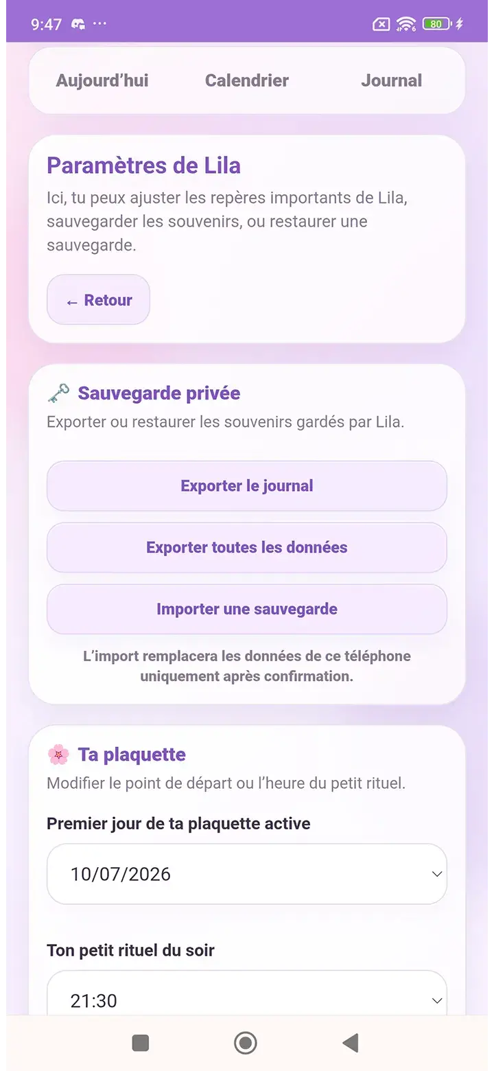 Paramètres privés de l’application Lila