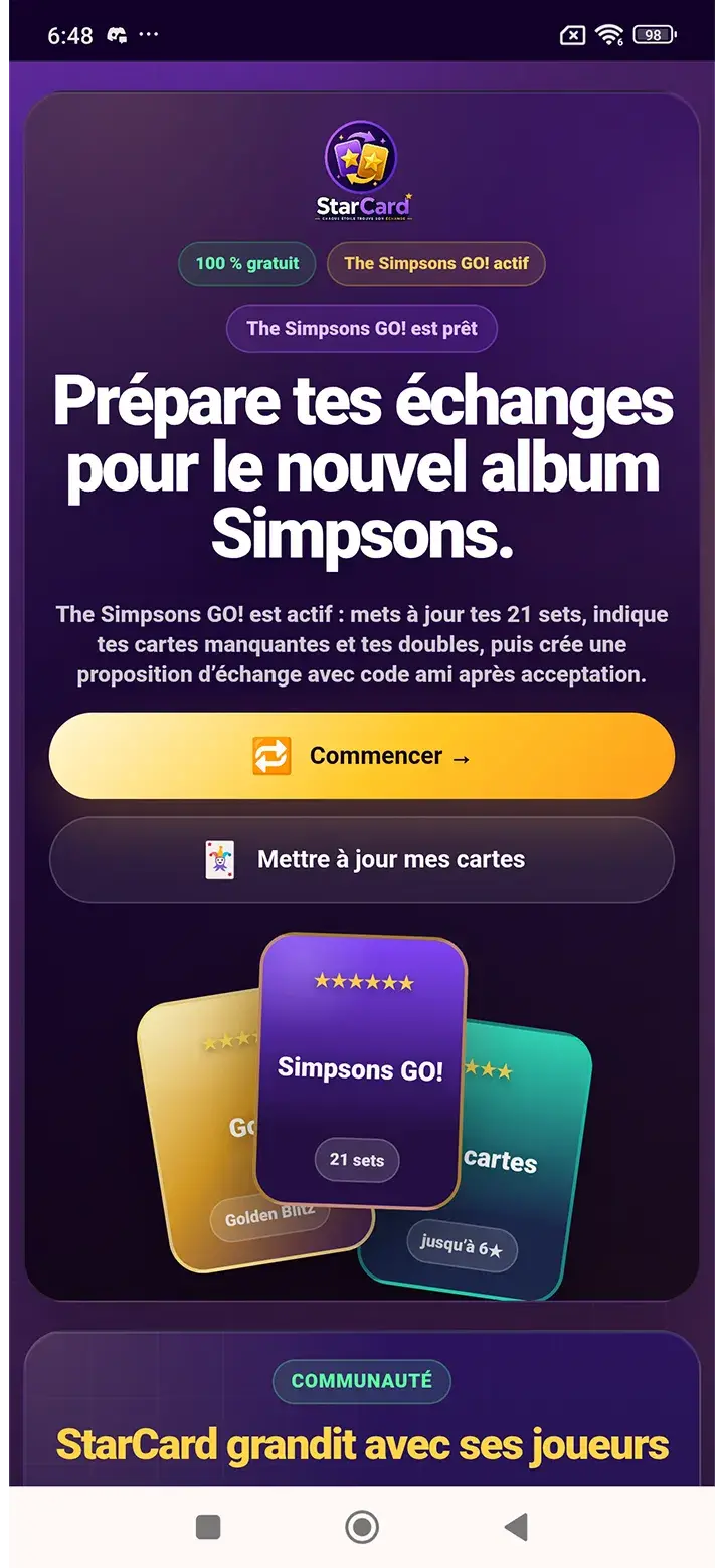 Page d’accueil de l’application StarCard